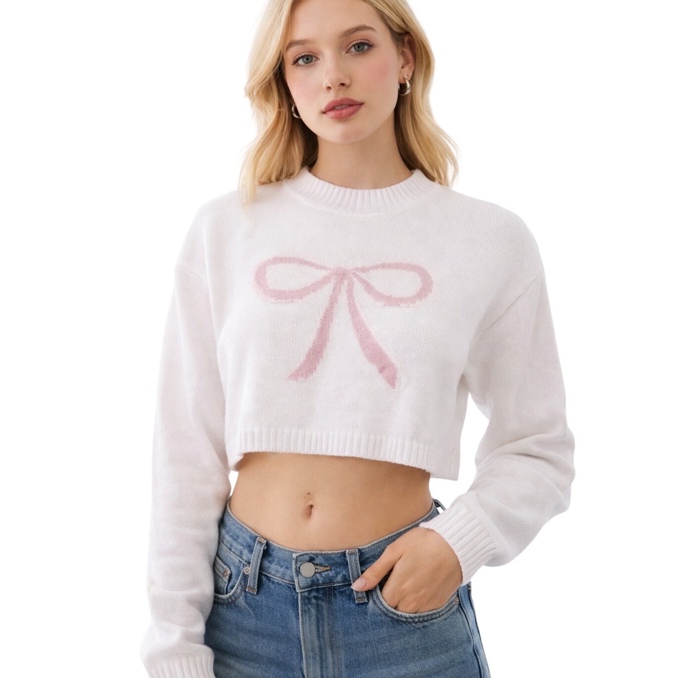 Edikted White Pink Bow Graphic Cropped Knit Sweater S17412 Womens Xs New